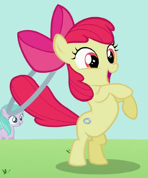 Size: 575x692 | Tagged: safe, derpibooru import, screencap, apple bloom, aura (character), earth pony, pony, the cutie pox, adorabloom, apple bloom's bow, aurabetes, bidepal, bow, cute, cutie mark, female, filly, hair bow, hooves, hooves up, loop-de-hoop, offscreen character, open mouth, rearing, shadow, solo, solo focus