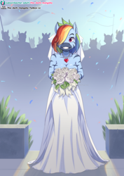 Size: 724x1023 | Tagged: safe, artist:the-dark-mangaka, derpibooru import, rainbow dash, anthro, pegasus, zebra, bodypaint, bouquet, breasts, cleavage, clothes, confetti, dress, eyelashes, female, female focus, flag, flower, grin, hair over one eye, jewelry, marriage, necklace, outdoors, rainboob dash, rose, sexy, smiling, solo focus, stupid sexy rainbow dash, tomboy taming, wedding, wedding dress, wingless, wingless anthro, zebradom