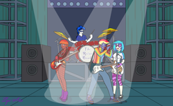 Size: 2956x1821 | Tagged: safe, artist:linedraweer, derpibooru import, dj pon-3, vinyl scratch, oc, oc only, oc:cobalt, oc:firebolt blaze, oc:rainbow lightspeed, equestria girls, clothes, commission, drums, female, guitar, musical instrument, stage, sunglasses