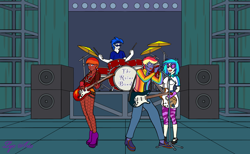 Size: 2956x1821 | Tagged: safe, artist:linedraweer, derpibooru import, dj pon-3, vinyl scratch, oc, oc only, oc:cobalt, oc:firebolt blaze, oc:rainbow lightspeed, equestria girls, clothes, commission, drums, female, guitar, musical instrument, stage, sunglasses