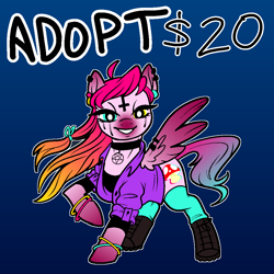 Size: 1000x1000 | Tagged: safe, artist:vodkamewtwoni, derpibooru import, oc, pegasus, pony, acid, adoptable, boots, bracelet, clothes, donut steel, ear piercing, eye strain, female, heterochromia, jewelry, makeup, piercing, running makeup, satanic, shoes, solo, stockings, thigh highs, wing piercing