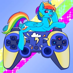 Size: 2500x2500 | Tagged: safe, artist:koa, derpibooru import, rainbow dash, pegasus, pony, dualshock controller, female, one eye closed, open mouth, playstation, playstation 3, solo, wink