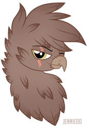 Size: 831x1200 | Tagged: safe, artist:jennieoo, derpibooru import, oc, oc:helios flinch, griffon, looking at you, one eye closed, scar, scared, simple background, solo, transparent background, vector, wink, winking at you