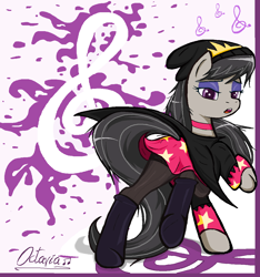 Size: 1114x1190 | Tagged: safe, artist:sallycars, derpibooru import, octavia melody, earth pony, pony, beanie, bedroom eyes, boots, choker, clothes, cosplay, costume, crossover, eyeshadow, female, hat, helluva boss, legitimately amazing mspaint, makeup, mare, ms paint, octavia (helluva boss), open mouth, raised hoof, raised leg, shirt, shoes, solo, stockings, thigh highs