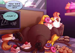 Size: 3508x2480 | Tagged: safe, artist:sugaryviolet, derpibooru import, oc, oc only, oc:macchiato, griffon, belly, big belly, chair, fat, food, furniture abuse, griffon oc, pastries, paws, stuffed, stuffed belly, underpaw