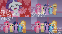 Size: 2000x1125 | Tagged: safe, derpibooru import, edit, edited screencap, editor:quoterific, screencap, applejack, fluttershy, pinkie pie, rainbow dash, rarity, twilight sparkle, earth pony, pegasus, pony, unicorn, suited for success, mane six, what have we done?