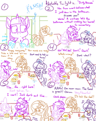 Size: 4779x6013 | Tagged: safe, artist:adorkabletwilightandfriends, derpibooru import, spike, starlight glimmer, twilight sparkle, twilight sparkle (alicorn), alicorn, dragon, pony, unicorn, comic:adorkable twilight and friends, adorkable, adorkable twilight, bathroom, burrito, cellphone, cinnamon chai, cute, dirty hooves, disgusted, disgusting, dork, eating, female, flush, food, fork, funny, give up, gross, hooves, humor, magic, mare, phone, quesadilla, restaurant, restroom, sitting, slice of life, smartphone, soap, soap bubble, spoon, table, table football, table game, taco salad, toilet, unsanitary, waitress, washing, washing hooves, watching