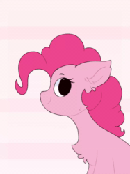 Size: 800x1069 | Tagged: safe, artist:little-sketches, pinkie pie, earth pony, pony, abstract background, animated, bouncing, chest fluff, cute, diapinkes, ear fluff, ears, female, floppy ears, gif, looking at you, looking sideways, mare, side view, simple background, smiling, smiling at you, solo, white background