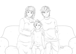 Size: 3508x2480 | Tagged: safe, artist:tdf, aunt holiday, auntie lofty, scootaloo, human, child, clothes, family, family photo, female, females only, looking at you, sketch, sofa