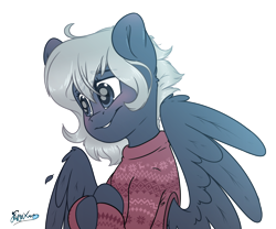 Size: 2400x2000 | Tagged: safe, artist:fluffyxai, derpibooru import, oc, oc only, oc:stratus, pegasus, bashful, blushing, clothes, jumper, male, shy, simple background, smiling, solo, spread wings, stallion, transparent background, wings