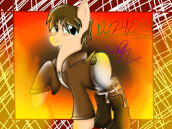 Size: 1024x768 | Tagged: safe, artist:juliet-gwolf18, derpibooru import, oc, oc only, earth pony, pony, abstract background, attack on titan, boots, clothes, male, ponified, raised hoof, shoes, signature, solo, stallion