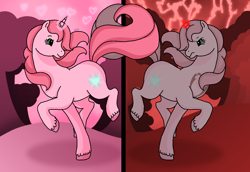 Size: 1160x796 | Tagged: safe, artist:guruyunus17, derpibooru import, pony, unicorn, g2, season 2, 2019, aelita schaeffer, angry, base used, code lyoko, crossover, duo, female, green eyes, heart, lightning, lil miss aelita, magic, mare, pink hair, ponified, smiling, tree, two sides