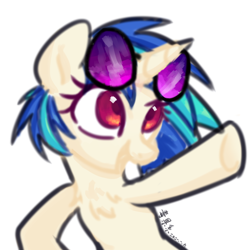 Size: 800x800 | Tagged: safe, artist:yaaaco, derpibooru import, dj pon-3, vinyl scratch, pony, unicorn, chest fluff, female, mare, open mouth, pointing, raised hoof, simple background, solo, vinyl's glasses, white background