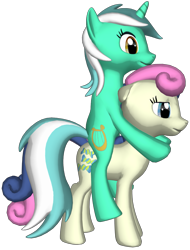 Size: 1475x1943 | Tagged: safe, derpibooru import, bon bon, lyra heartstrings, sweetie drops, pony, 3d, lyra riding bon bon, ponies riding ponies, ride, riding