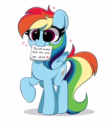 Size: 3320x3900 | Tagged: safe, artist:kittyrosie, derpibooru import, rainbow dash, pegasus, pony, backwards cutie mark, cute, dashabetes, ear fluff, ears, female, mare, mouth hold, positive ponies, simple background, solo, white background