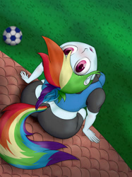 Size: 1024x1366 | Tagged: safe, artist:tunrae, derpibooru import, rainbow dash, human, equestria girls, clothes, female, humanized, looking at you, looking up, soccer ball (object), solo, tailed humanization