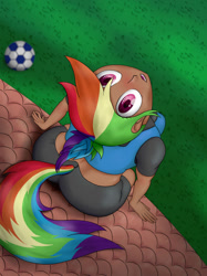 Size: 1024x1366 | Tagged: safe, alternate version, artist:tunrae, derpibooru import, rainbow dash, equestria girls, clothes, female, human coloration, looking at you, looking up, soccer ball (object), solo, wingless