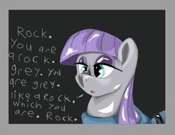 Size: 972x752 | Tagged: safe, artist:@cameron, derpibooru import, maud pie, earth pony, pony, maud pie (episode), bust, cross-eyed, digital art, female, looking at something, mare, quote, rock, simple background, solo, talking