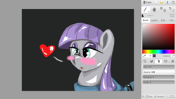 Size: 1366x768 | Tagged: safe, artist:@cameron, derpibooru import, screencap, maud pie, blushing, cute, digital art, heart, looking at something, maud being maud, rock, simple background
