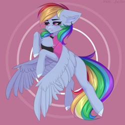 Size: 2000x2000 | Tagged: safe, artist:villjulie, derpibooru import, rainbow dash, pegasus, pony, 2020, chest fluff, clothes, ear fluff, ear piercing, ears, female, floppy ears, mare, piercing, solo