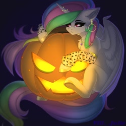 Size: 2000x2000 | Tagged: safe, artist:villjulie, derpibooru import, princess celestia, alicorn, pony, 2020, arm warmers, chest fluff, clothes, ear piercing, earring, female, halloween, holiday, horn, horn jewelry, jack-o-lantern, jewelry, mare, necklace, piercing, pumpkin, solo