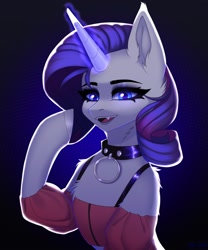 Size: 2000x2400 | Tagged: safe, artist:villjulie, derpibooru import, rarity, pony, unicorn, bust, clothes, collar, fangs, female, goth, mare, solo