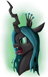 Size: 1600x2560 | Tagged: safe, artist:raphaeldavid, derpibooru import, queen chrysalis, changeling, changeling queen, angry, bust, fangs, female, forked tongue, gradient background, open mouth, sharp teeth, snarling, solo, tongue out