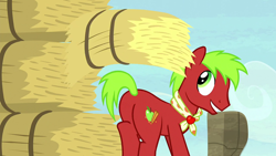 Size: 1920x1080 | Tagged: safe, derpibooru import, screencap, apple cinnamon, earth pony, pony, appleoosa's most wanted, butt, hay bale, male, plot, stallion