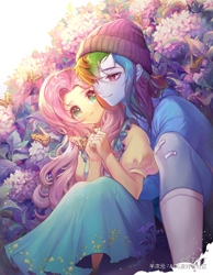 Size: 1371x1771 | Tagged: safe, artist:dengdengbobo, artist:火丁火丁, derpibooru import, fluttershy, rainbow dash, butterfly, equestria girls, anime, anime style, blushing, clothes, cute, dashabetes, female, flower, flutterdash, lesbian, shipping, shyabetes, socks