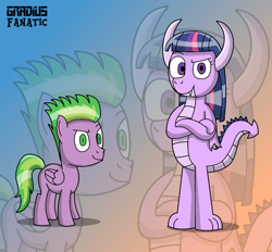 Size: 1293x1198 | Tagged: safe, artist:gradiusfanatic, derpibooru import, spike, twilight sparkle, dragon, pegasus, pony, dragoness, dragonified, dreamworks face, female, male, ponified, ponified spike, species swap, twilidragon