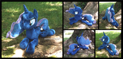 Size: 3668x1754 | Tagged: safe, artist:peruserofpieces, derpibooru import, princess luna, alicorn, pony, beanie (plushie), female, horn, irl, lying down, mare, photo, plushie, prone, smiling, solo, sploot, tree, wings