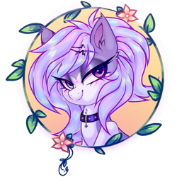 Size: 6856x6856 | Tagged: safe, artist:_spacemonkeyz_, derpibooru import, oc, oc only, oc:flat-line, earth pony, pony, absurd resolution, bust, chest fluff, collar, cross, ear fluff, ears, earth pony oc, female, flower, hairpin, leaf, looking at you, mare, portrait, smiling, smiling at you, solo