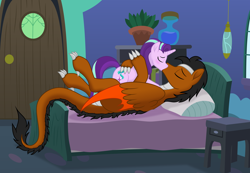 Size: 10000x6936 | Tagged: safe, artist:negatif22, derpibooru import, starlight glimmer, oc, oc:draco k-night blaze, dracony, dragon, hybrid, pony, unicorn, bed, bedroom, blushing, canon x oc, commission, couple, eyes closed, female, folded wings, kissing, making out, male, mare, shipping, stallion, starlaco, straight, vector, wings