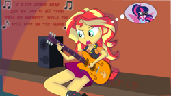 Size: 1923x1079 | Tagged: safe, artist:jcpreactyt, derpibooru import, sci-twi, sunset shimmer, twilight sparkle, equestria girls, female, girlfriend, guitar, lesbian, locked away, music, musical instrument, r. city, scitwishimmer, shipping, song reference, sunsetsparkle, thought bubble, together forever