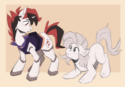 Size: 3072x2153 | Tagged: safe, artist:civetcider, derpibooru import, oc, oc:blackjack, oc:boo, earth pony, pony, unicorn, fallout equestria, fallout equestria: project horizons, augmented, clothes, fanfic art, vault suit