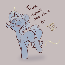 Size: 1525x1525 | Tagged: safe, artist:lou, derpibooru exclusive, derpibooru import, trixie, pony, unicorn, blushing, dialogue, eyes closed, female, glowing horn, gray background, horn, magic, mare, simple background, smiling, smug, solo, third person, xoxo