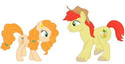 Size: 3977x2051 | Tagged: safe, artist:three uncle, derpibooru import, bright mac, pear butter, earth pony, pony, the perfect pear, brightbutter, cowboy hat, dancing, eye contact, female, flower, flower in hair, hat, husband and wife, looking at each other, male, mare, mouth hold, shipping, simple background, smiling, stallion, straight, transparent background