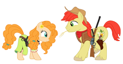 Size: 4089x2146 | Tagged: safe, alternate version, artist:three uncle, derpibooru import, bright mac, pear butter, earth pony, pony, the perfect pear, bandana, brightbutter, cowboy, cowboy hat, dancing, eye contact, female, flower, flower in hair, gun, handgun, hat, husband and wife, looking at each other, male, mare, mouth hold, revolver, rifle, shipping, shotgun, simple background, smiling, stallion, straight, straw in mouth, transparent background, weapon