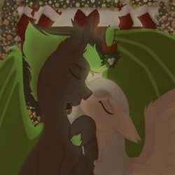 Size: 2048x2048 | Tagged: safe, artist:lunathemoongod, derpibooru import, oc, oc only, oc:envy dio, bat pony, pegasus, bat pony oc, bat wings, christmas, christmas stocking, clothes, commission, couple, cute, ears, eyes closed, female, fire, fireplace, floppy ears, happy, hearth's warming, holiday, hooves, kissing, large wings, love, male, mare, mistletoe, new year, oc x oc, pegasus oc, romance, shipping, spread wings, stallion, stockings, straight, thigh highs, wings