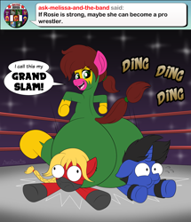 Size: 2000x2324 | Tagged: safe, artist:aarondrawsarts, derpibooru import, oc, oc:cece ewing, oc:rose bloom, oc:true blue, earth pony, unicorn, ask, ask brain teaser, bulging eyes, butt, butt crush, dialogue, large butt, sports, squashed, tumblr, wrestling