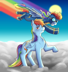 Size: 3000x3200 | Tagged: safe, artist:applejackofalltrades, derpibooru import, rainbow dash, pegasus, pony, clothes, cloud, flying, on a cloud, rainbow, standing, standing on a cloud, standing up, uniform, wonderbolts, wonderbolts uniform