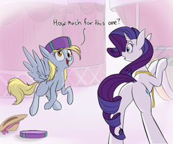 Size: 2400x2000 | Tagged: safe, artist:rocket-lawnchair, derpibooru import, derpy hooves, rarity, pegasus, pony, unicorn, butt, cute, derpabetes, derpy being derpy, gift box, hat, indoors, plot, raribetes, silly, silly pony
