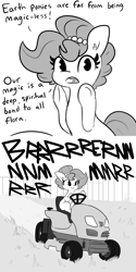 Size: 3000x6000 | Tagged: safe, artist:tjpones, derpibooru import, oc, oc only, oc:brownie bun, earth pony, pony, comic, dialogue, grass, irony, lawn mower, monochrome, mowing, sitting, smiling, solo