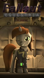 Size: 3072x5462 | Tagged: safe, artist:thegreatbeardedoc, derpibooru import, oc, oc only, oc:littlepip, pony, unicorn, fallout equestria, 3d, clothes, female, looking at you, mare, one eye closed, pipbuck, poster, smiling, smiling at you, solo, source filmmaker, stable 2, vault suit, wink, winking at you