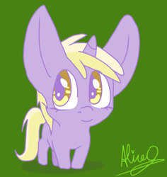 Size: 1021x1080 | Tagged: safe, artist:aliceg, dinky hooves, pony, unicorn, gorgoalice daily pony, blonde, blonde mane, blonde tail, cute, ears, female, filly, golden eyes, green background, horn, large ears, looking to side, looking to the left, signature, simple background, smiling, smol, solo