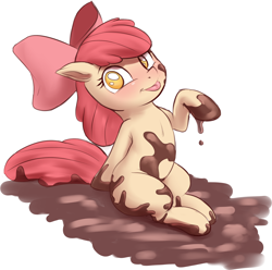Size: 2632x2615 | Tagged: safe, artist:crade, apple bloom, earth pony, pony, blepping, blushing, dirty, female, filly, foal, looking at you, mud, muddy, solo, tongue out
