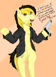 Size: 1300x1800 | Tagged: safe, artist:fdv.alekso, oc, oc only, oc:leslie fair, earth pony, pony, anarcho-capitalism, bipedal, chest fluff, clothes, dialogue, female, golden eyes, gun, handgun, jacket, mare, open mouth, pistol, solo, weapon
