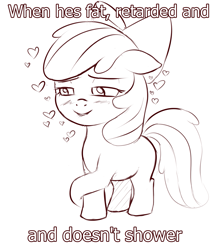 Size: 1605x1814 | Tagged: safe, artist:crade, apple bloom, earth pony, pony, black and white, blank flank, blushing, female, filly, heart, image macro, lip bite, meme, monochrome, simple background, solo, white background