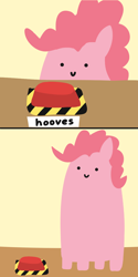 Size: 1024x2048 | Tagged: safe, artist:2merr, pinkie pie, /mlp/, 2 panel comic, :), big red button, button, comic, drawn on phone, drawthread, female, hooves, simple background, smiley face, smiling, solo, wat, yellow background