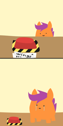 Size: 1024x2048 | Tagged: safe, artist:2merr, scootaloo, /mlp/, 2 panel comic, :), big red button, comic, crying, dot eyes, drawn on phone, drawthread, female, hooves, simple background, smiley face, smiling, solo, wat, yellow background